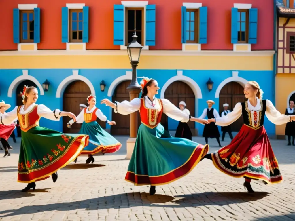 Un vibrante cuadro de bailarines en trajes tradicionales europeos, capturados en un dinámico baile