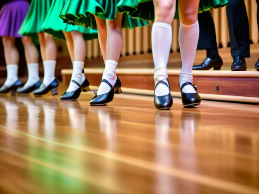 Vibrante masterclass step dance irlandés en escenario de madera, con bailarines moviéndose en sincronía, vistiendo trajes tradicionales y mostrando pasión y precisión en cada paso