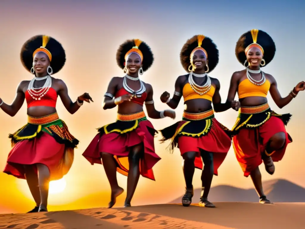 Vibrante danza africana al atardecer, expresando la esencia rítmica y cultural