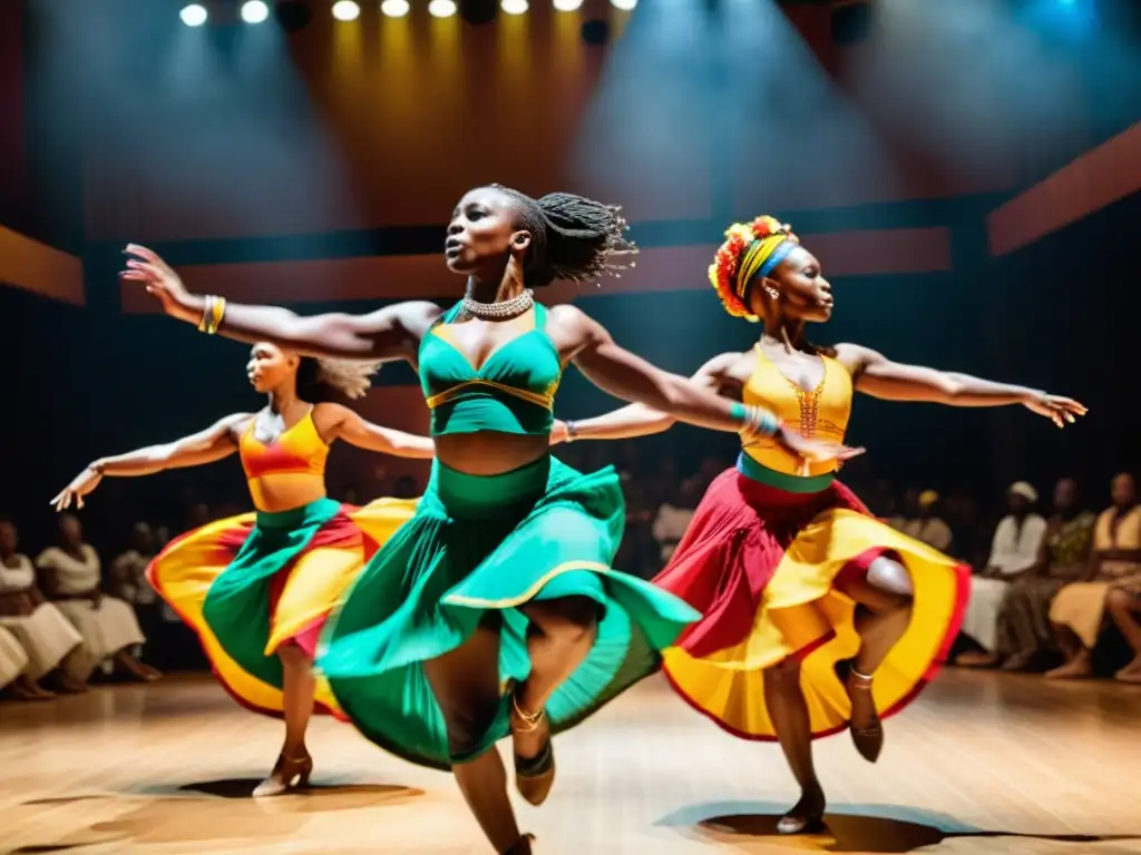 Vibrante danza africana contemporánea con movimientos dinámicos y precisos, atuendos tradicionales coloridos y energía expresiva