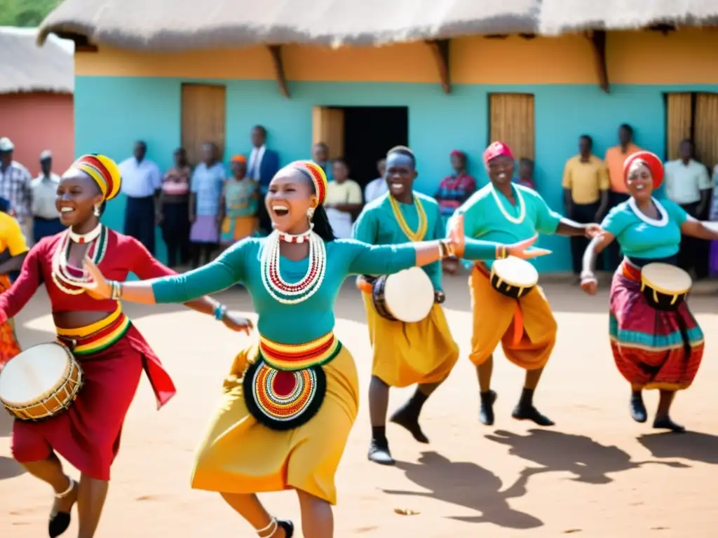 Una vibrante danza africana llena de significado cultural, con bailarines, música y espectadores en una plaza soleada