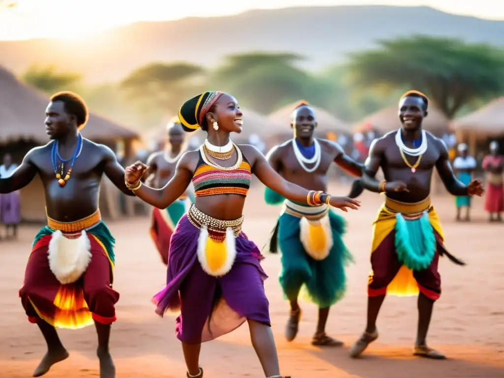 Vibrante danza africana en la plaza del pueblo al atardecer, con significado cultural de la danza africana