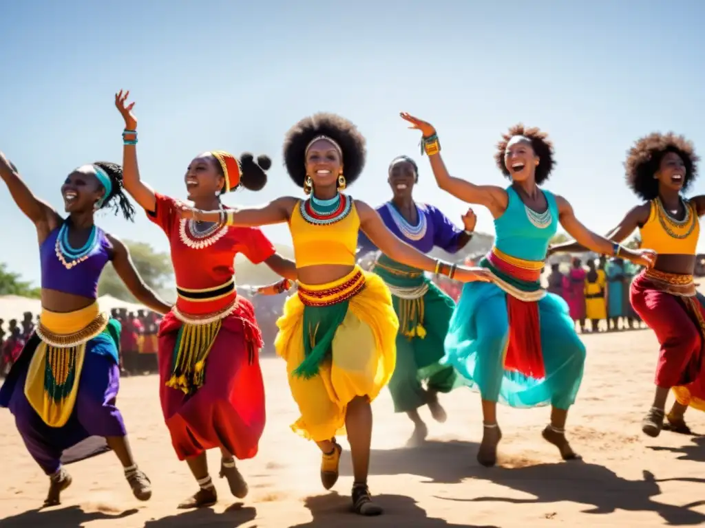 Vibrante danza africana bajo el sol, mostrando la importancia de la música y las danzas africanas en la comunidad