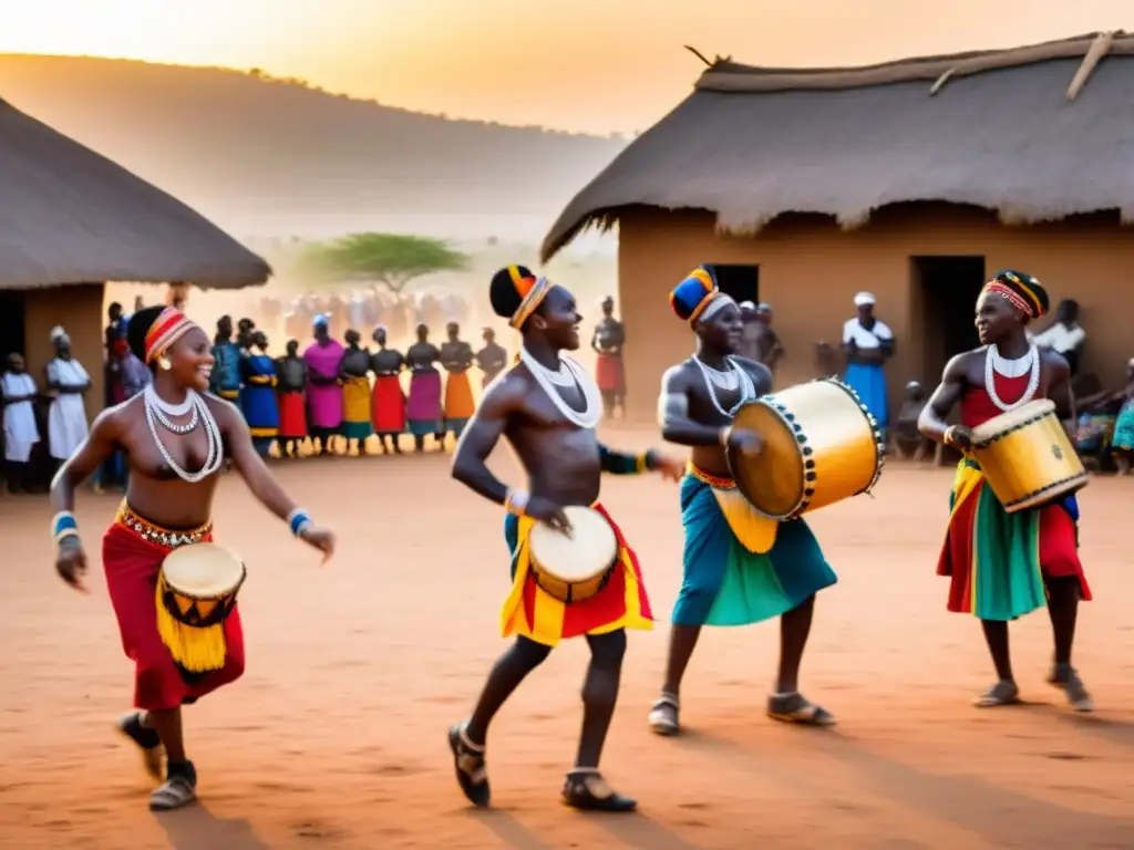 Vibrante danza africana tradicional en plaza polvorienta al atardecer, inmersión profunda en la cultura del mundo