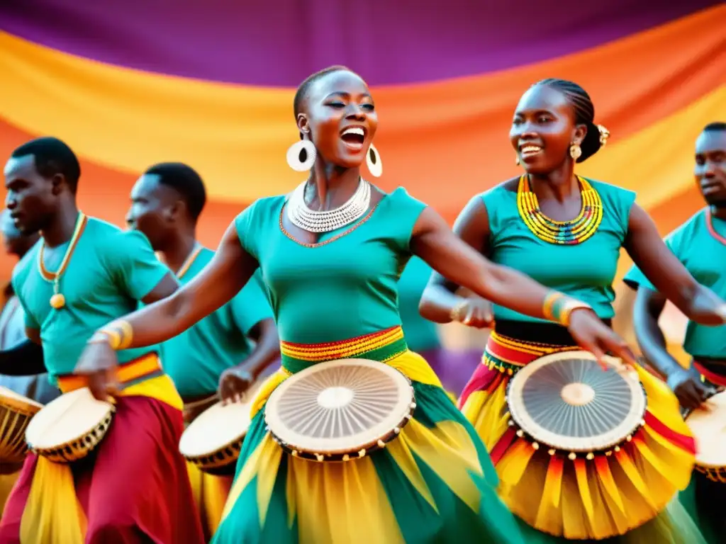 Vibrante danza africana con trajes coloridos y músicos, significado cultural roles danza africana