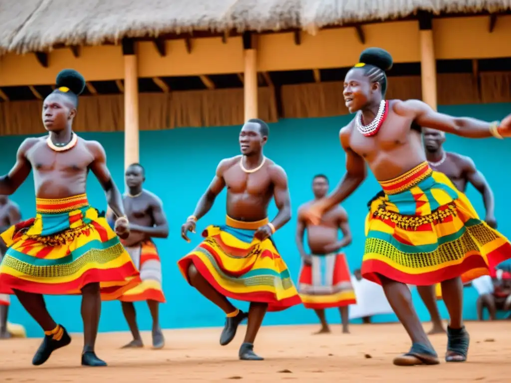 Baile tradicional Ewe: Energía y Color en Togo Vibrante danza Agbekor: grupo de bailarines Ewe en atuendos tradicionales, inmersos en festival colorido de Togo