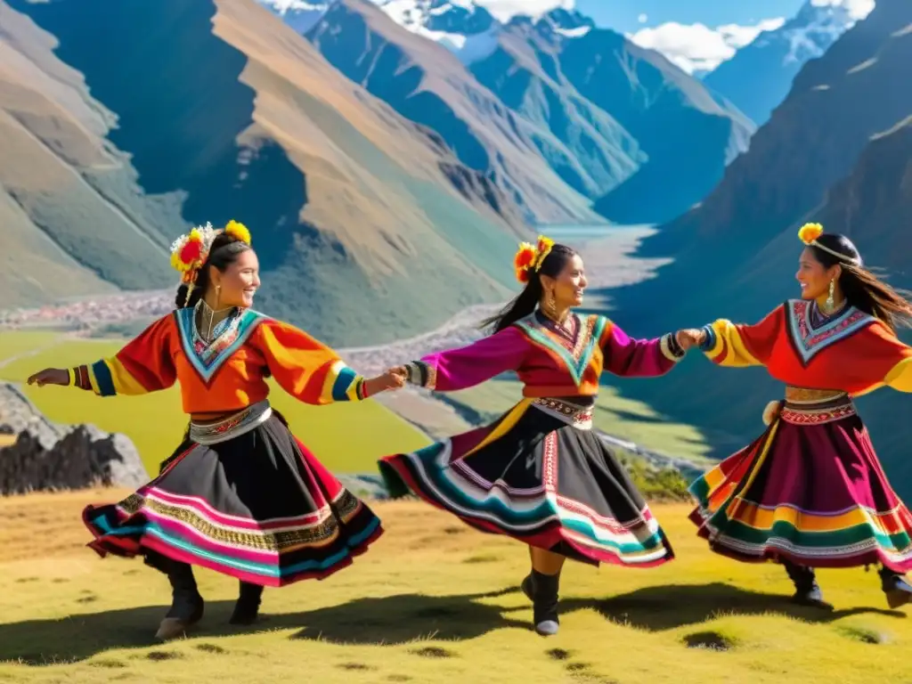 Vibrante danza andina en majestuoso paisaje montañoso, evocando tradición y pasión con maestría