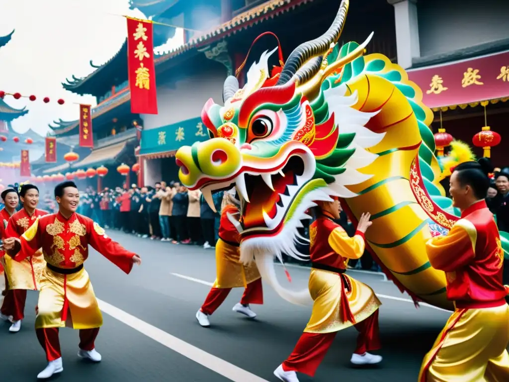 Vibrante danza del dragón durante el Año Nuevo Chino, significado cultural danza del dragón