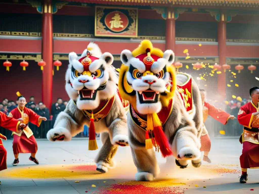 Vibrante danza del león Año Nuevo Chino, con coloridos trajes y confeti, capturando la esencia festiva y tradicional