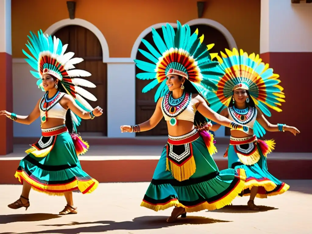 Vibrante danza azteca en patio soleado con trajes coloridos y movimientos llenos de energía