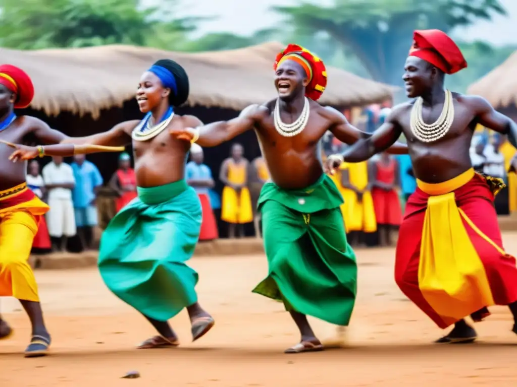 Vibrante danza Dununba: bailarines guineanos en trajes coloridos, movimientos expresivos y energía africana