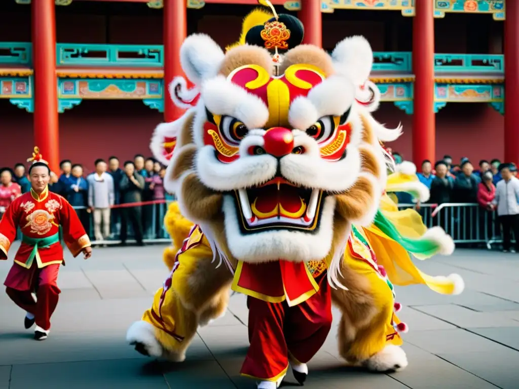 Vibrante danza del león y el dragón chino, con movimientos dinámicos, colores vivos y expresiones auténticas de los bailarines