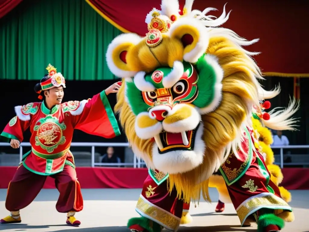 Vibrante Danza del León chino significado cultural con trajes elaborados y movimientos dinámicos en una calle festiva