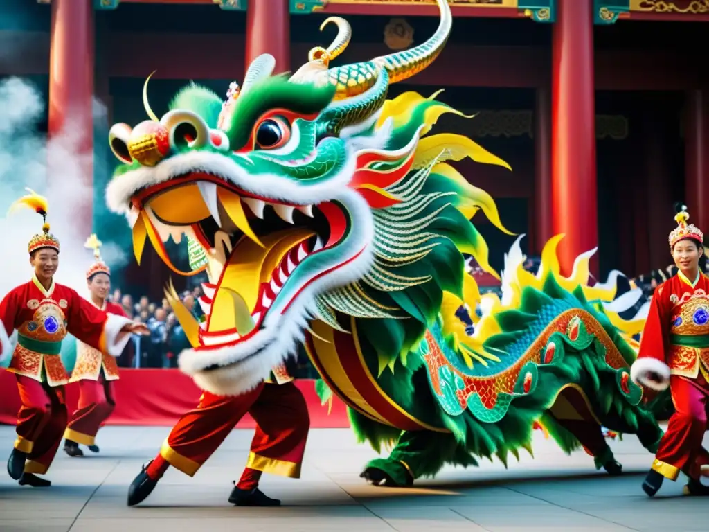 Vibrante danza del dragón chino, reflejando su significado cultural y energía dinámica