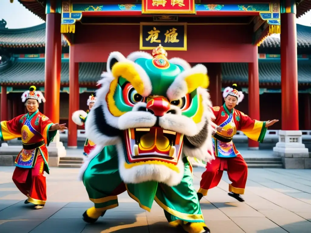 Vibrante danza del león chino en templo: trajes coloridos, arquitectura ornamental y energía cautivadora