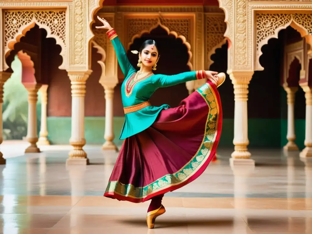 Vibrante danza clásica india en palacio, expresando tradición y elegancia