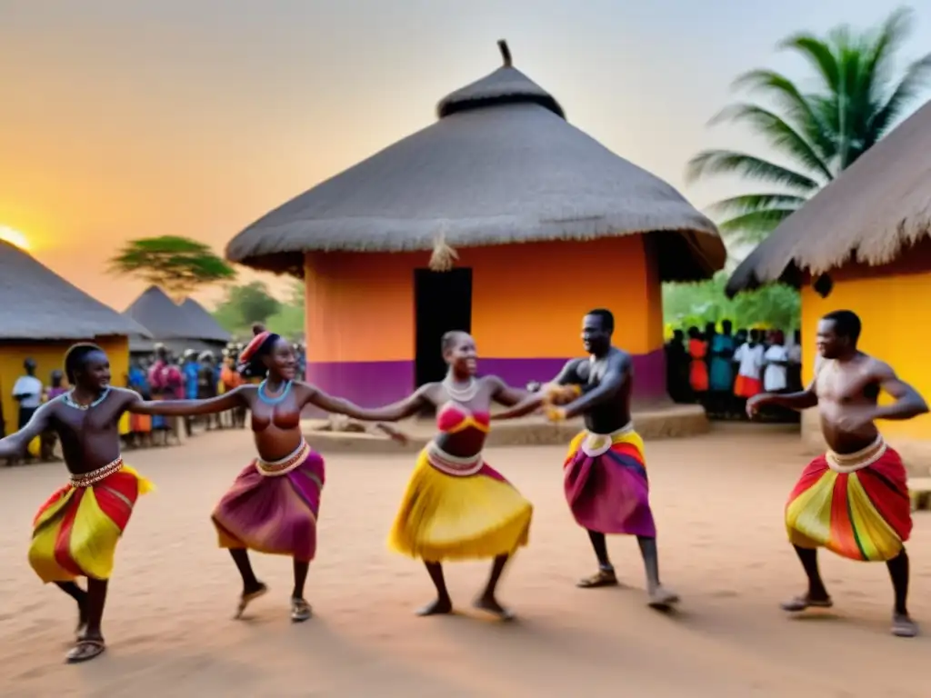 Vibrante danza de cosecha en tradicional aldea africana al atardecer, celebrando tradiciones africanas