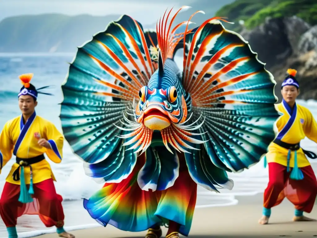 Vibrante danza del pez león Okinawa, expresión cultural y artística en movimiento y coloridos atuendos