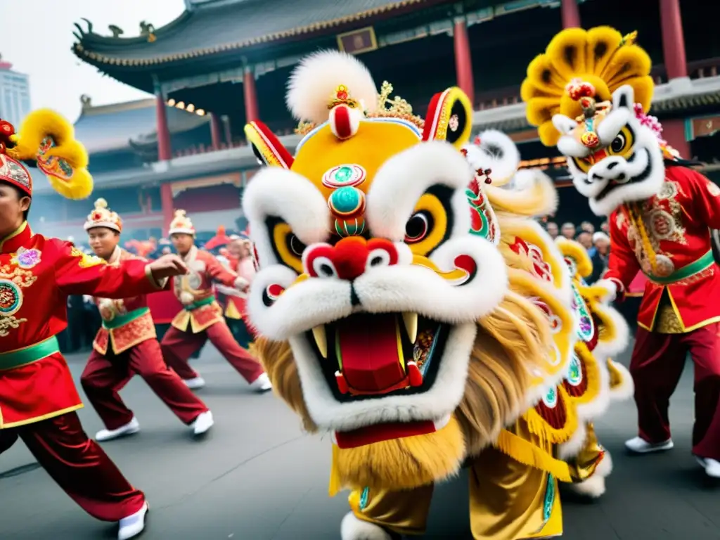 Vibrante danza del león chino, expresión cultural y festiva en movimiento