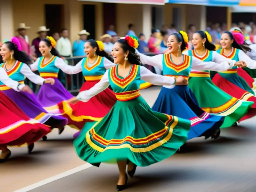 Vibrante danza de cumbia en fiesta callejera, con coloridos trajes y movimientos llenos de energía