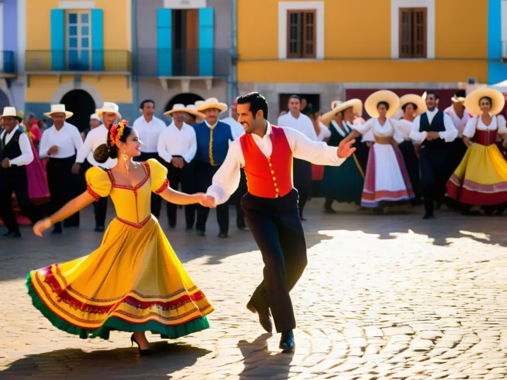 Una vibrante danza de fandango portugués en una plaza animada, con trajes coloridos, expresiones apasionadas y luz dorada