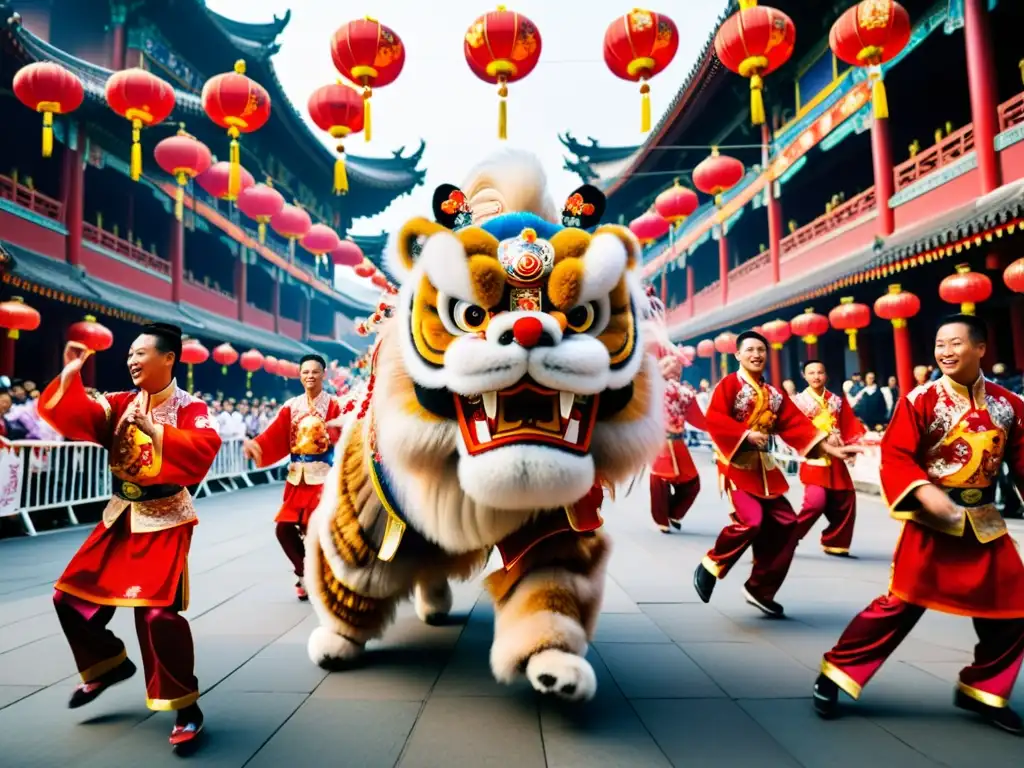 Vibrante Danza del León en el Festival de la Luna, capturando la energía y colorido de la tradición china