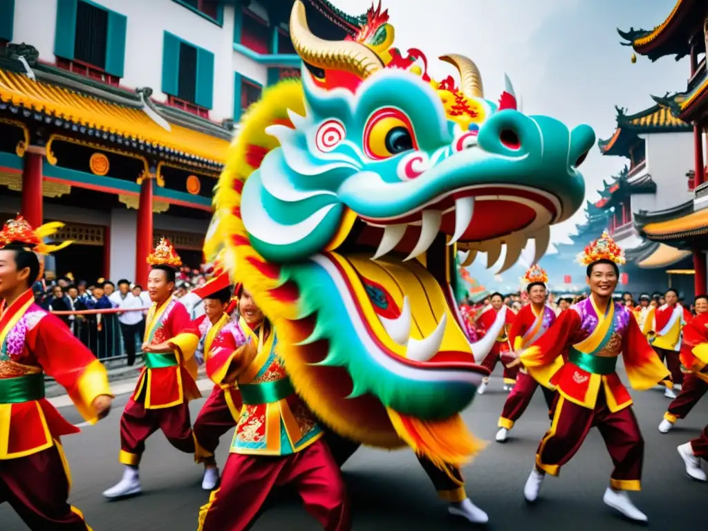 Vibrante danza del dragón en el Festival Medio Otoño, con coloridos trajes y energía cautivadora en las calles festivas