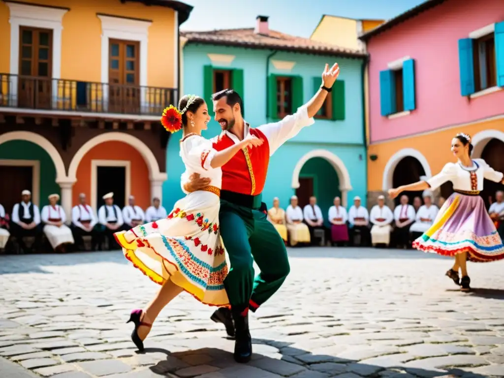 Vibrante danza folclórica balcánica, trajes coloridos, energía cultural y tradición en la plaza del pueblo