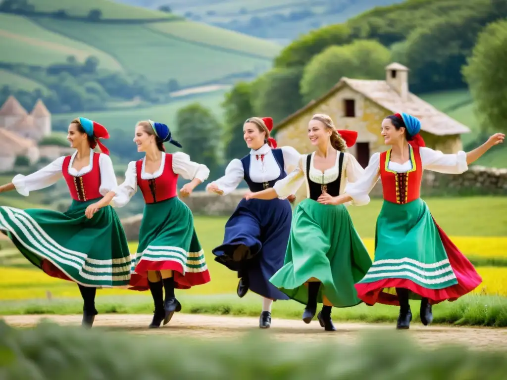 Vibrante danza folclórica francesa en el Festival de Folklore de Gannat, con trajes coloridos y paisaje rural de fondo