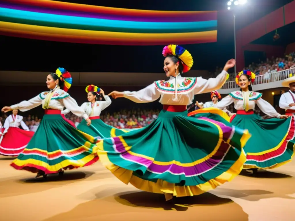 Vibrante danza folclórica mexicana con trajes coloridos y energía