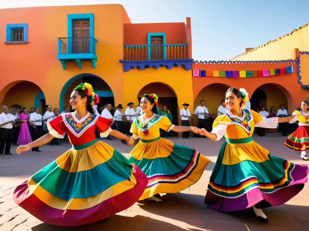 Vibrante danza folclórica mexicana resalta la Importancia de la colaboración en danza, con trajes coloridos y expresivos movimientos