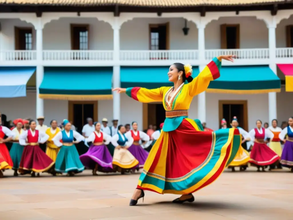 Vibrante danza folclórica en la plaza del pueblo, reflejando el impacto del turismo cultural a través de la pasión y energía de la presentación