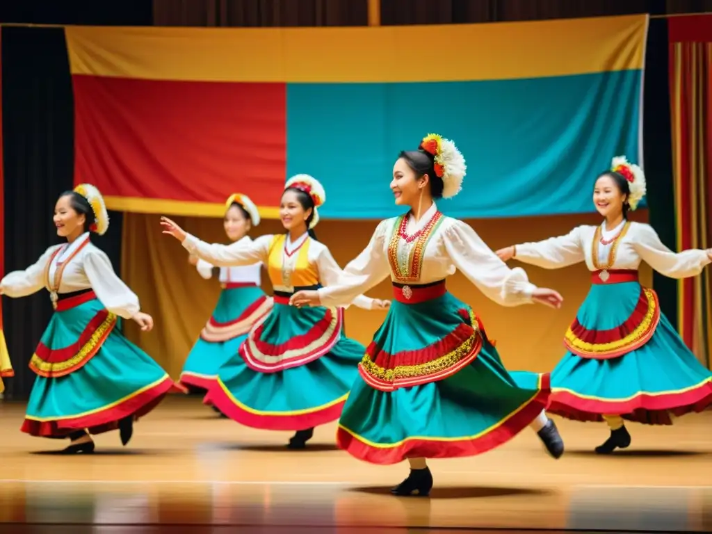 Vibrante danza folclórica con trajes detallados, transmitiendo la pasión y la transmisión intergeneracional de las danzas tradicionales