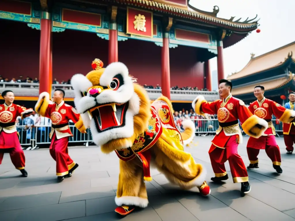 Vibrante danza folklórica china significado cultural con leones ornamentados y movimientos dinámicos en festival callejero