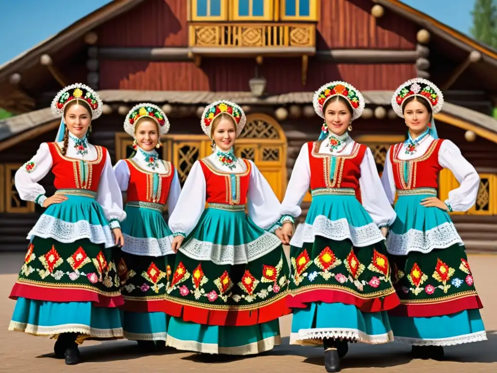 Vibrante danza folklórica rusa con trajes tradicionales, bordados y colores, capturando la autenticidad cultural