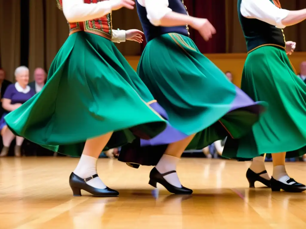 Vibrante danza gaélica con trajes tradicionales y movimientos precisos