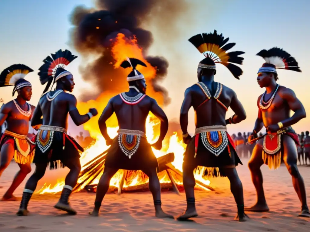 Vibrante danza de guerreros africanos alrededor del fuego al atardecer