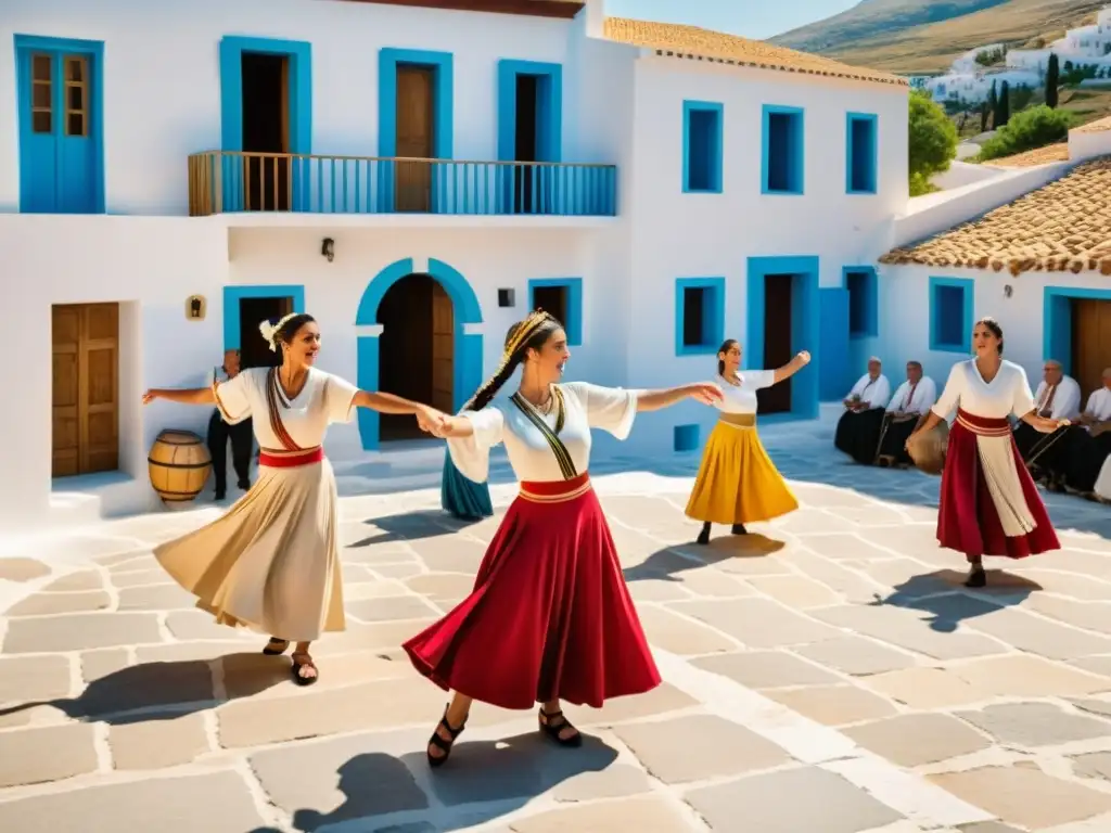 Vibrante danza helénica en la plaza del pueblo al sol, lira griega y trajes coloridos capturan el significado cultural de la danza helénica