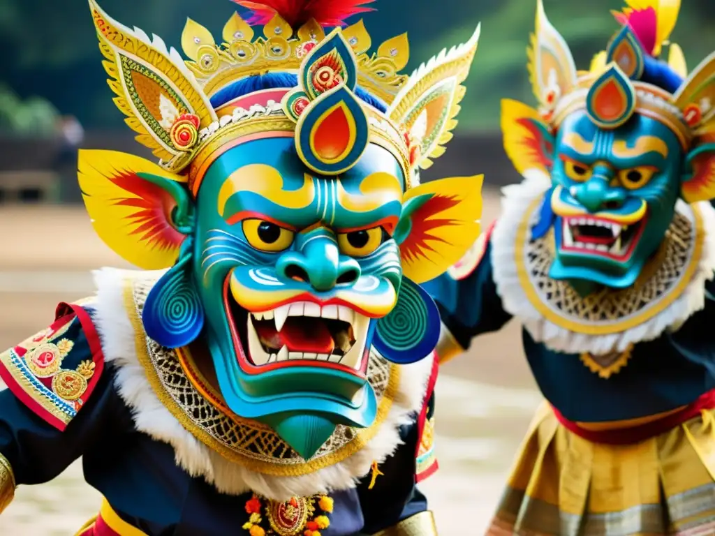 Vibrante danza del Barong mitología Bali: dramática representación de la lucha entre el bien y el mal con trajes detallados y colores vibrantes