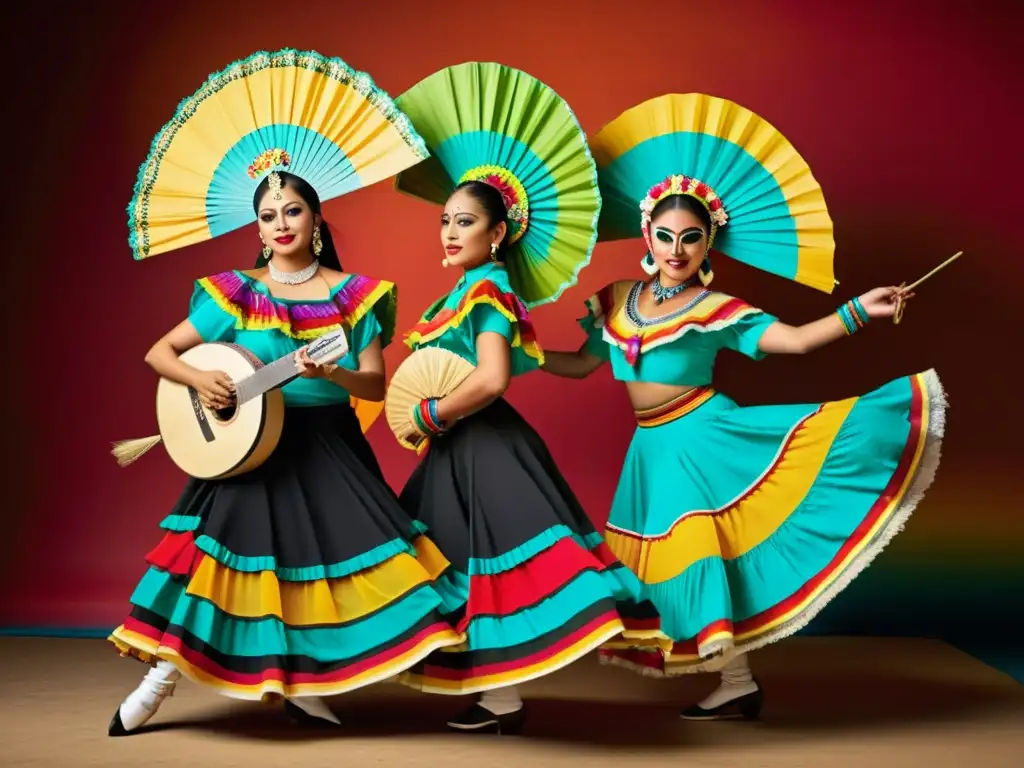 Vibrante danza mexicana con trajes coloridos, máscaras de plumas y abanicos