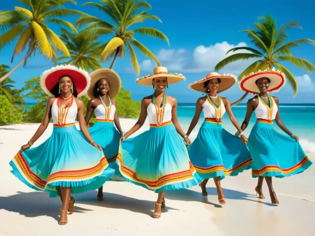 Vibrante danza caribeña en la playa con vestimenta tradicional y música animada