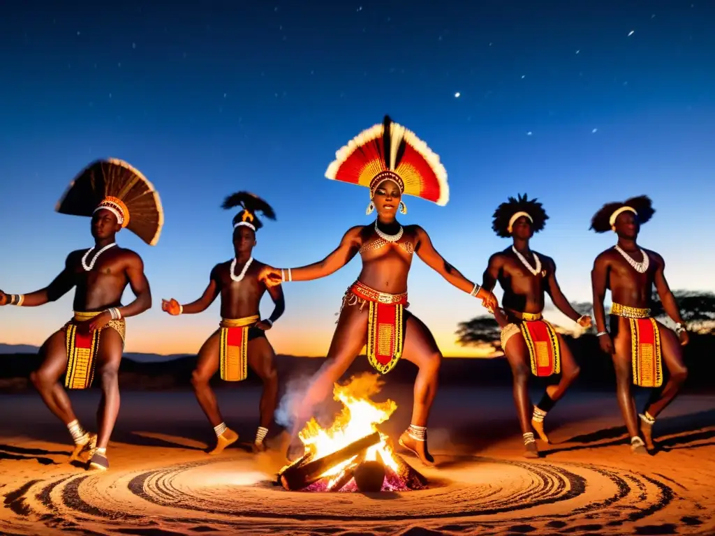 Vibrante danza ritual africana alrededor del fuego bajo el cielo nocturno