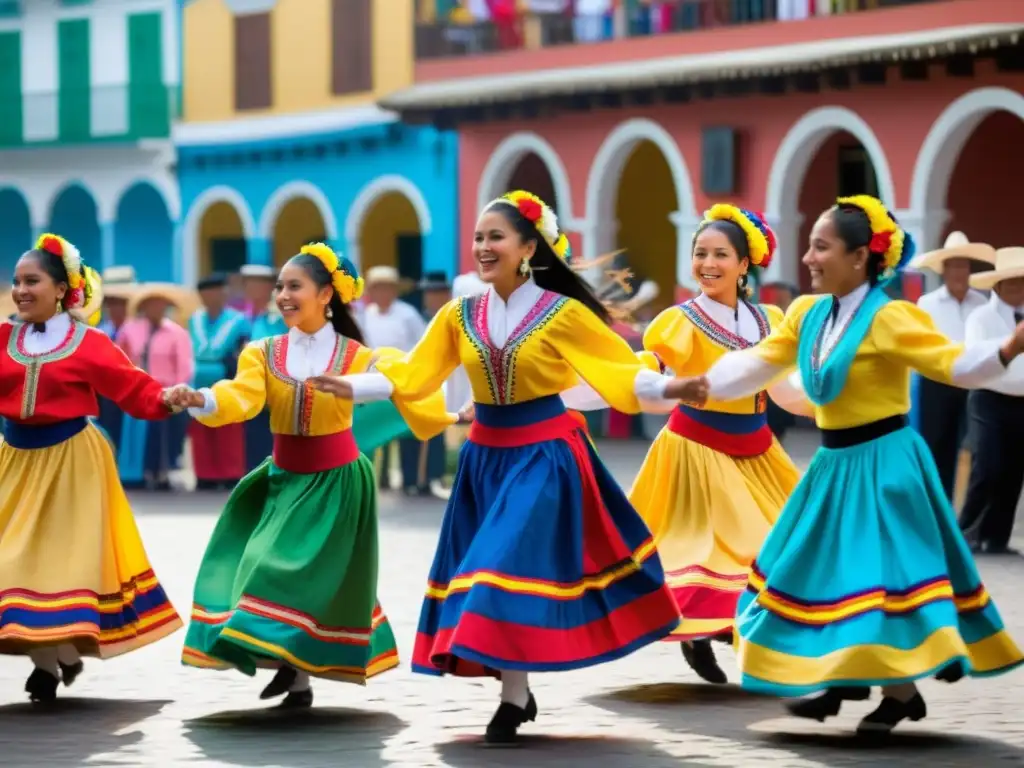 Vibrante danza del Sanjuanito Ecuatoriano en la plaza, celebrando su significado cultural con energía y pasión