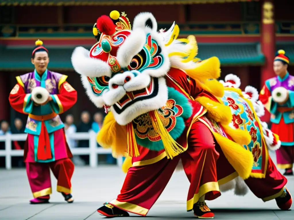 Vibrante danza del león chino, resaltando el significado cultural de los colores en danzas tradicionales