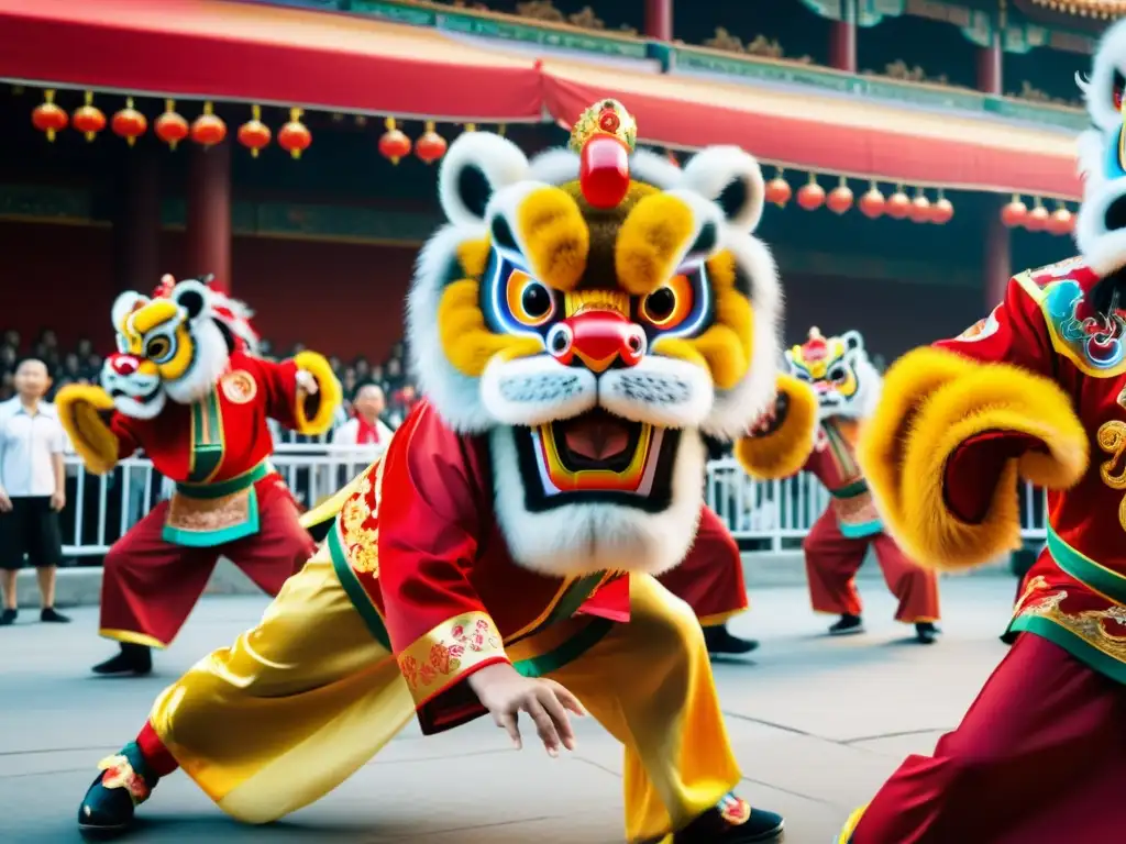 Vibrante danza del león chino, capturando su significado cultural y la energía dinámica de la celebración