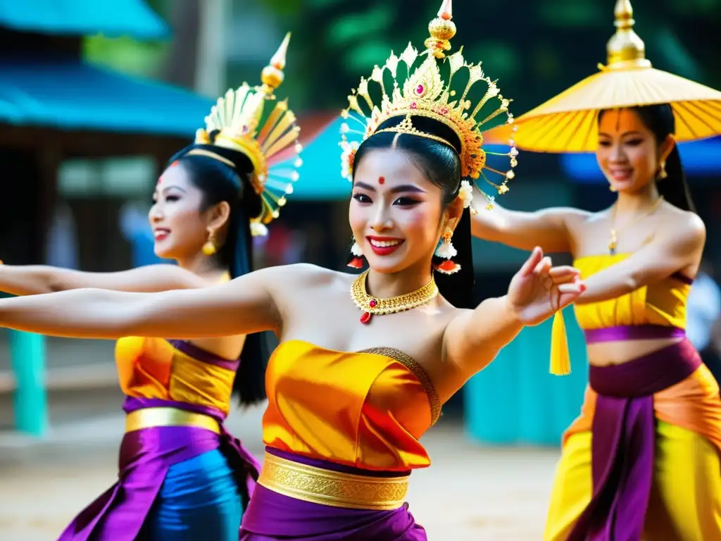 Vibrante danza tailandesa durante el festival Songkran, con trajes detallados y movimientos dinámicos que transmiten su significado cultural