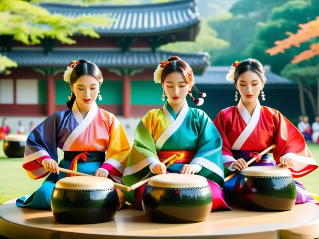 Vibrante Danza de los Tambores de Corea en medio de la naturaleza, con trajes tradicionales y movimientos dinámicos capturados en acción