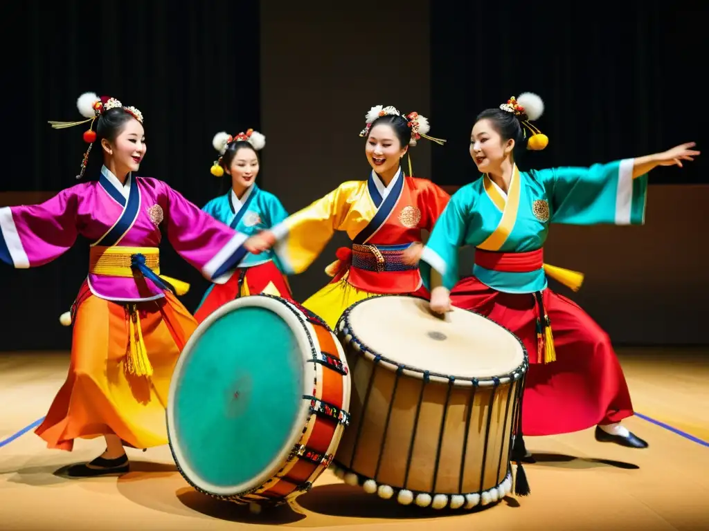 Vibrante Danza de los Tambores de Corea, con movimientos sincronizados y trajes coloridos, capturando la esencia de la tradición coreana