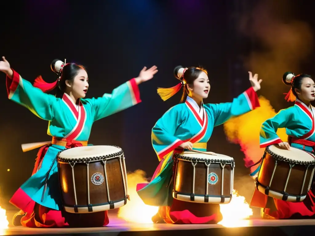 Vibrante presentación de la Danza de los Tambores de Corea, con trajes coloridos y movimientos enérgicos en el escenario iluminado