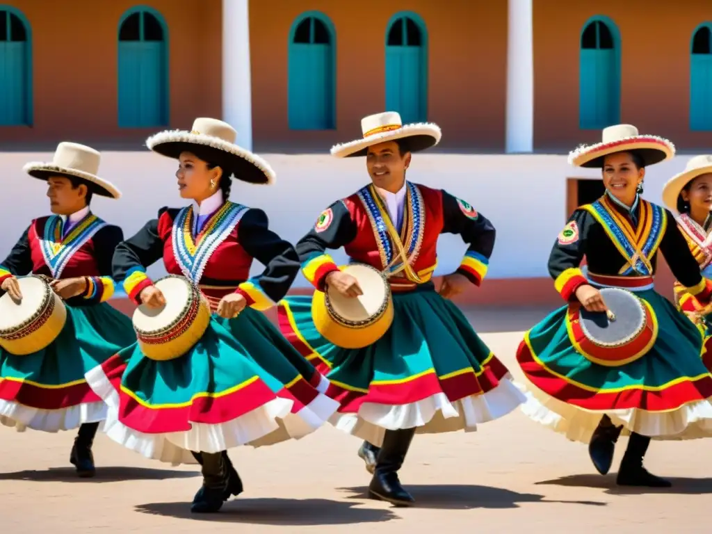 Vibrante presentación de la danza tradicional boliviana Cueca Boliviana, mostrando sus coloridos trajes, movimientos dinámicos y expresiones apasionadas, transmitiendo la rica historia y significado cultural de esta danza